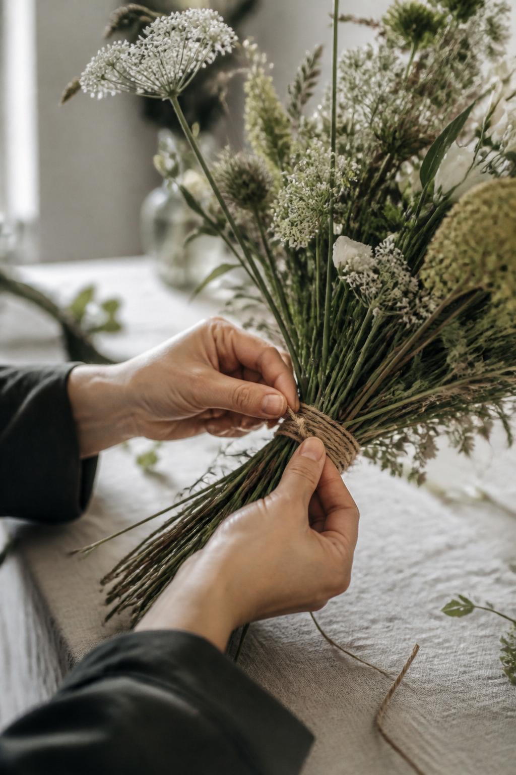 Händer som binder en bukett av ängsblommor med naturgarn